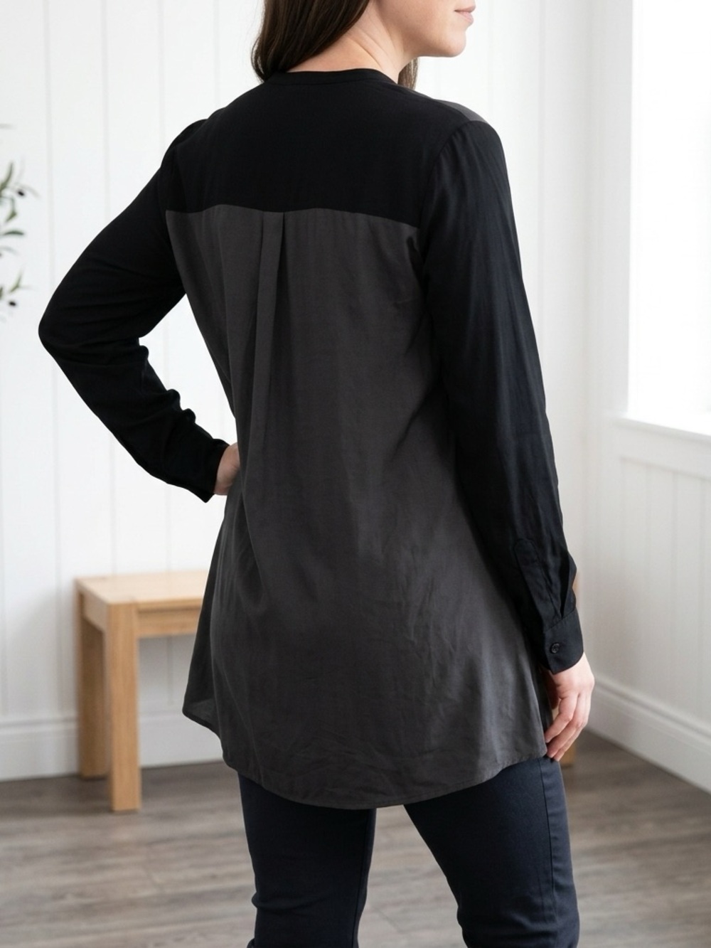 Eileen Fisher Silk Two Tone Button Down Mandarin Collar Oversized Black & Grey
